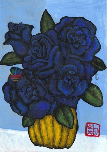 黄色の花瓶の青い薔薇